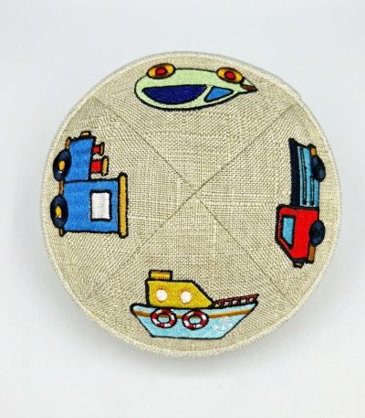 כיפות פשתן 16 ס"מ רקמה רכבים אפור בהיר
